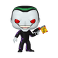 Toy figure with a black and white costume, red eyes, and holding a gun with a 'Bang!' flag on a white background