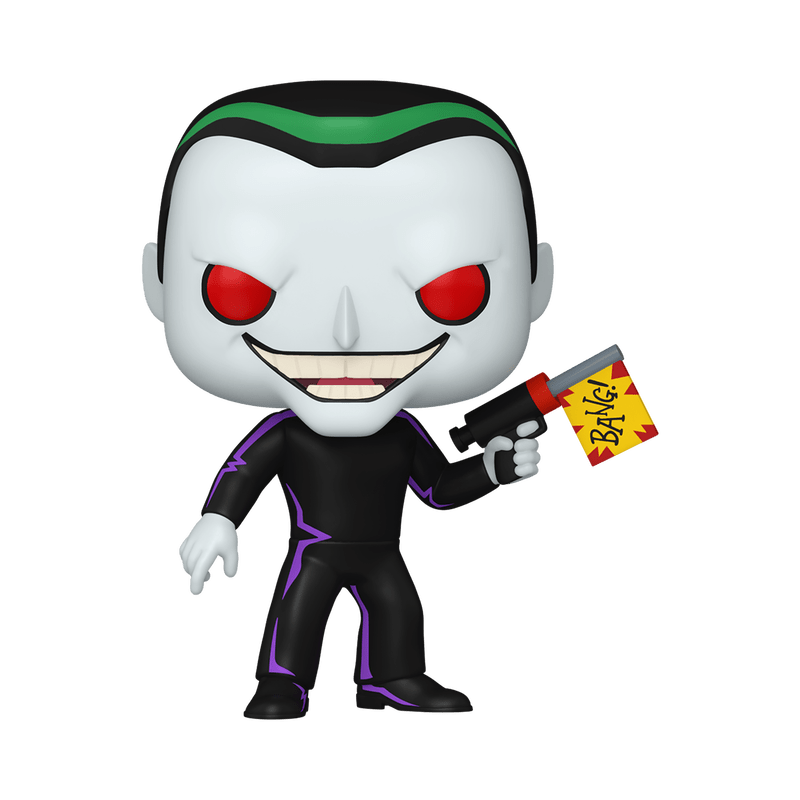 Toy figure with a black and white costume, red eyes, and holding a gun with a 'Bang!' flag on a white background