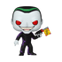 Toy figure with a black and white costume, red eyes, and holding a gun with a &