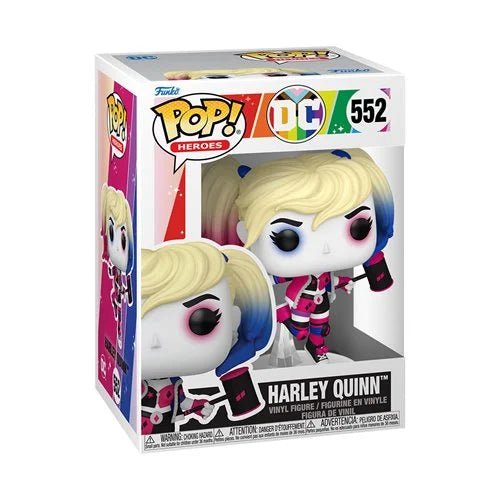 Funko Pop! Heroes vinyl figure of Harley Quinn, number 552, in its original window box packaging. The figure features blonde hair with blue and pink ombre ends, wearing a pink and black striped outfit.