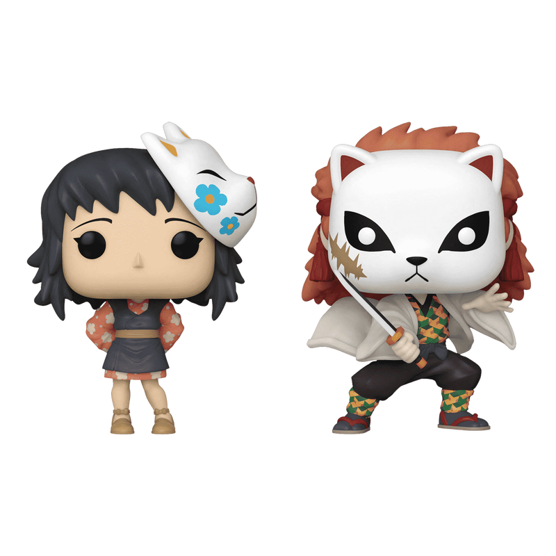 Front view of Funko POP! Demon Slayer Makomo & Sabito 2-Pack Vinyl Figure set showcasing both masked characters from Demon Slayer.