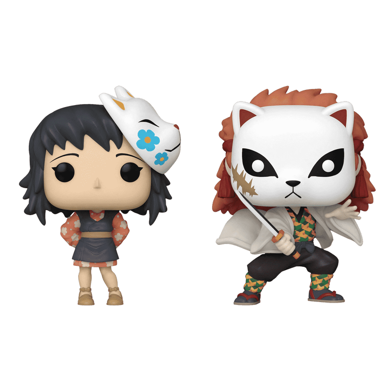 Front view of Funko POP! Demon Slayer Makomo & Sabito 2-Pack Vinyl Figure set showcasing both masked characters from Demon Slayer.