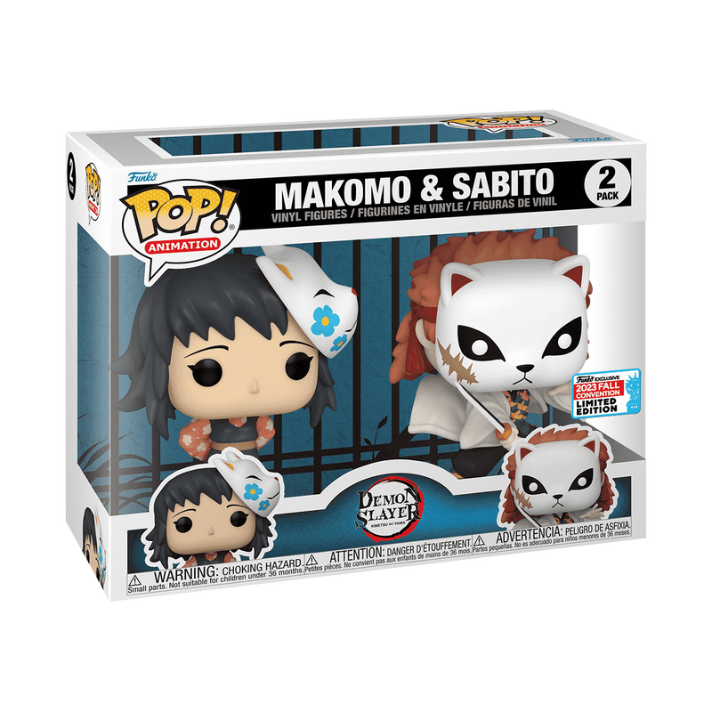 Funko POP! Demon Slayer Makomo & Sabito 2-Pack Vinyl Figures featuring the iconic training duo in detailed anime-inspired outfits.