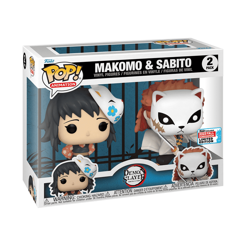 Funko POP! Demon Slayer Makomo & Sabito 2-Pack Vinyl Figures featuring the iconic training duo in detailed anime-inspired outfits.