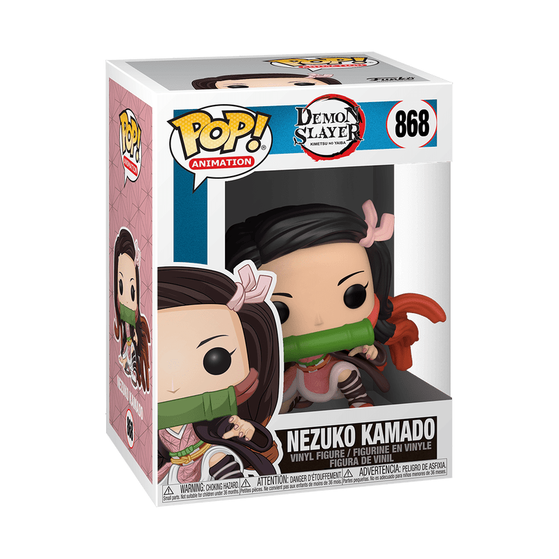 Funko POP! Demon Slayer Nezuko Kamado Vinyl Figure #868 wearing her pink kimono with bamboo muzzle and flowing black hair.