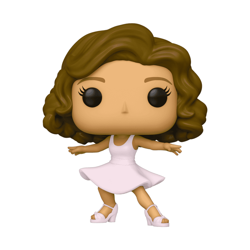 A stylized vinyl figure of a woman with brown curly hair, large black eyes, and a white sleeveless dress, shown against a plain white background.