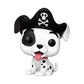 Pirate-themed figurine of a dog with a black hat and skull design on a white background