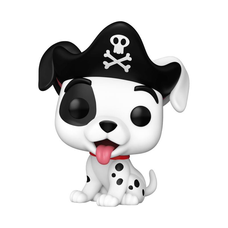 Pirate-themed figurine of a dog with a black hat and skull design on a white background