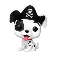 Pirate-themed figurine of a dog with a black hat and skull design on a white background