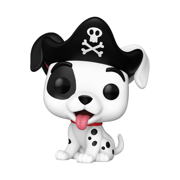 Pirate-themed figurine of a dog with a black hat and skull design on a white background