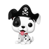Pirate-themed figurine of a dog with a black hat and skull design on a white background