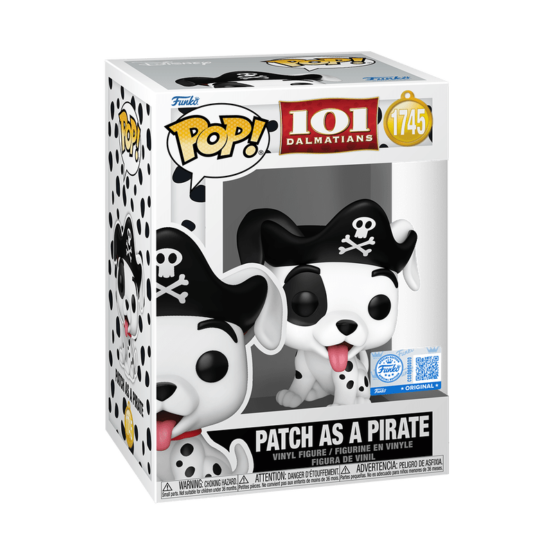 Funko Pop! vinyl figure packaging featuring a dog dressed as a pirate, with '101 Dalmatians' branding.