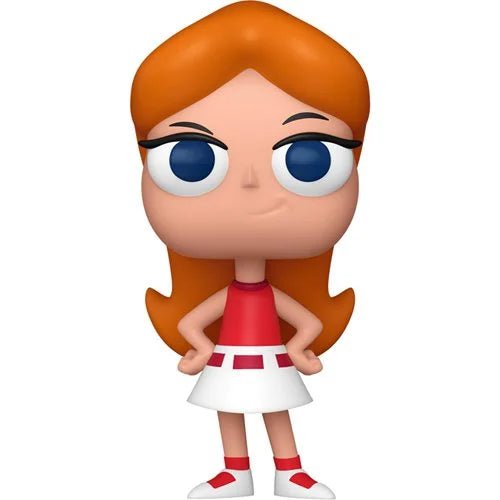 Toy figure of a character with red hair, blue eyes, and a red dress on a white background