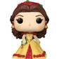 A stylized vinyl figure of Belle from Beauty and the Beast, featuring brown hair, a red rose crown, a yellow dress with red trim, and gold earrings, shown against a plain white background.