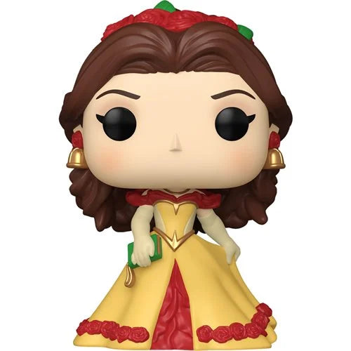 A stylized vinyl figure of Belle from Beauty and the Beast, featuring brown hair, a red rose crown, a yellow dress with red trim, and gold earrings, shown against a plain white background.