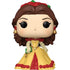 A stylized vinyl figure of Belle from Beauty and the Beast, featuring brown hair, a red rose crown, a yellow dress with red trim, and gold earrings, shown against a plain white background.