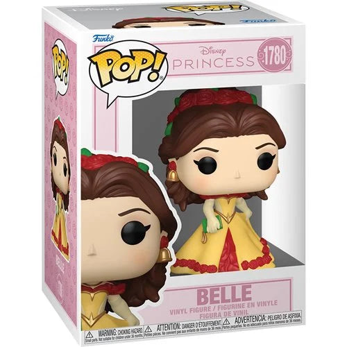 Funko Pop! Disney Princess Belle vinyl figure in its original retail packaging, featuring the character in a yellow and red gown with brown hair and a red rose crown.