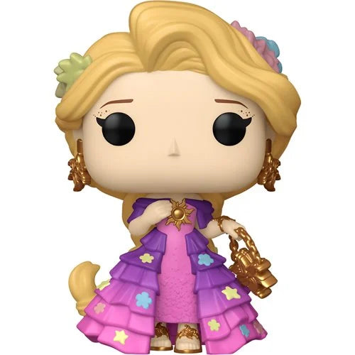 A Funko Pop! vinyl figure of Rapunzel from Tangled, featuring her signature blonde hair, purple and pink dress with gold star accents, and gold accessories, set against a plain white background.