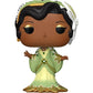 Funko Pop! vinyl figure of Tiana from The Princess Bride, featuring her signature green and gold dress, black hair, and white headpiece, isolated on a white background.