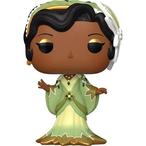 Funko Pop! vinyl figure of Tiana from The Princess Bride, featuring her signature green and gold dress, black hair, and white headpiece, isolated on a white background.