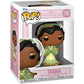 Funko Pop! Disney Princess Tiana vinyl figure in its original retail packaging, featuring the character in a light green and gold dress with dark hair and a white headpiece.