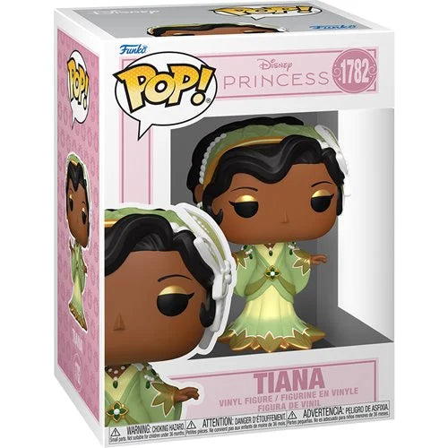 Funko Pop! Disney Princess Tiana vinyl figure in its original retail packaging, featuring the character in a light green and gold dress with dark hair and a white headpiece.