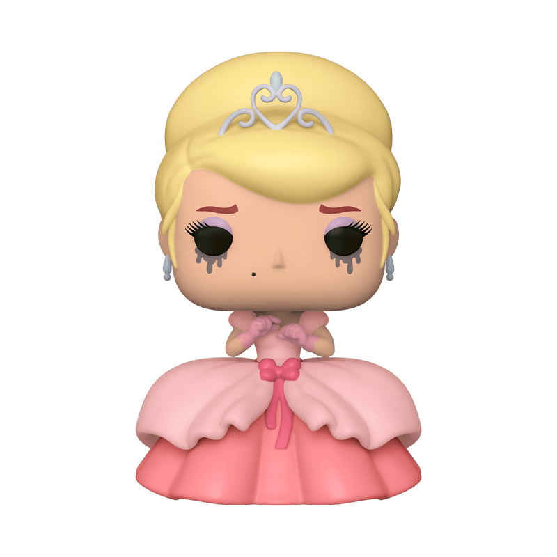 A stylized vinyl figure of a blonde princess with a tiara and a layered pink dress, centered on a solid green background.