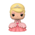 A stylized vinyl figure of a blonde princess with a tiara and a layered pink dress, centered on a solid green background.