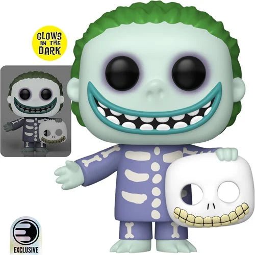 Funko Pop! vinyl figure of barrel featuring green hair, a purple skeleton-patterned suit, and holding a white skull. Includes a 'Glows in the Dark' badge and a small inset showing the figure glowing in the dark.