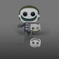Funko Pop! vinyl figure of a skeleton character with a large white mask, dark green hair, and a gray-and-white outfit, holding a matching skull accessory against a smooth gray background.