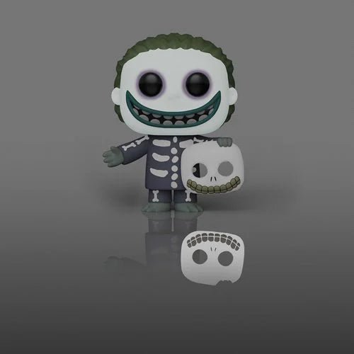 Funko Pop! vinyl figure of a skeleton character with a large white mask, dark green hair, and a gray-and-white outfit, holding a matching skull accessory against a smooth gray background.