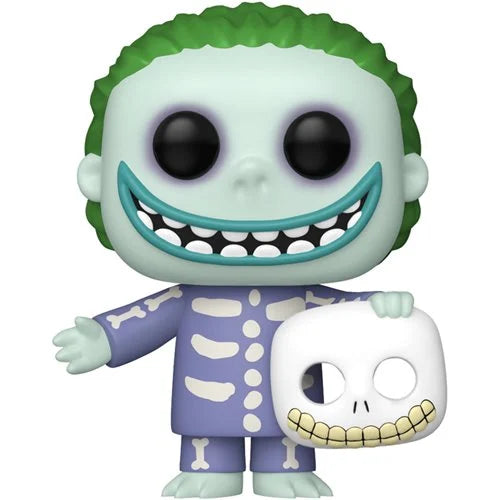 Funko Pop! vinyl figure of the Joker from The Dark Knight, featuring green hair, a pale green face, a wide toothy grin, a purple skeleton-patterned suit, and holding a white skull mask.