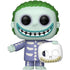 Funko Pop! vinyl figure of the Joker from The Dark Knight, featuring green hair, a pale green face, a wide toothy grin, a purple skeleton-patterned suit, and holding a white skull mask.