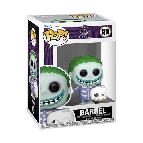 Funko Pop! vinyl figure of Barrel from Disney's The Nightmare Before Christmas, number 1810, shown in its original window box packaging.