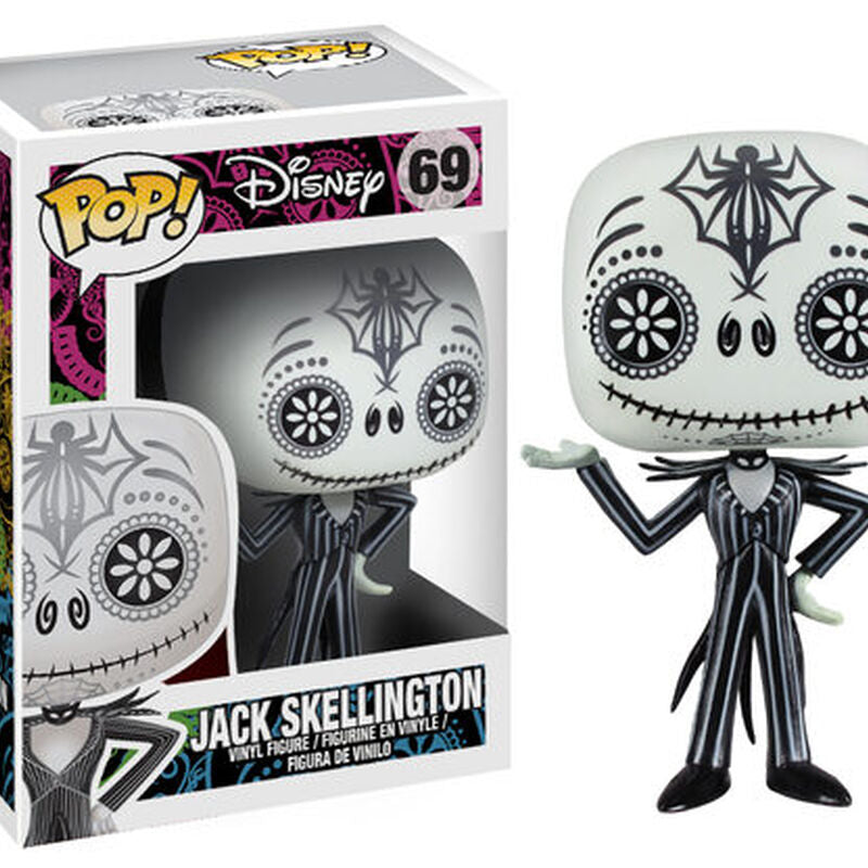 Funko Pop! vinyl figure of Jack Skellington from Disney's The Nightmare Before Christmas, shown next to its original window box packaging. The figure features a white skull-like head with black decorative patterns, a black and white pinstripe suit, and small green hands.