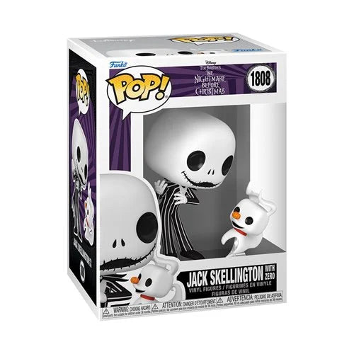 Funko Pop! vinyl figure of Jack Skellington with Zero from Disney's The Nightmare Before Christmas, shown in its original window box packaging. The figure is white with black eyes and a black-and-white striped suit, standing next to a small white dog with an orange nose and red collar.