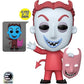 Funko Pop! vinyl figure of a mischievous devil character with a white face, red hair, red outfit, and a pink devil mask. Includes a yellow 'Glows in the Dark' badge, a small inset showing the figure glowing blue with a pink mask, and an 'Exclusive' logo on a white background.