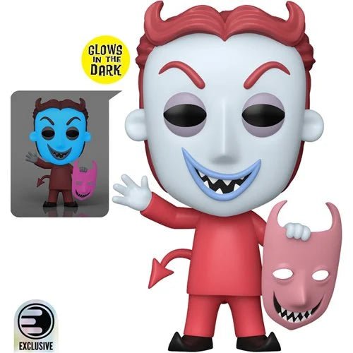 Funko Pop! vinyl figure of a mischievous devil character with a white face, red hair, red outfit, and a pink devil mask. Includes a yellow 'Glows in the Dark' badge, a small inset showing the figure glowing blue with a pink mask, and an 'Exclusive' logo on a white background.