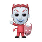 Funko Pop! vinyl figure of a devil character with red hair, a white mask, a red outfit, and holding a pink devil mask, on a plain white background.