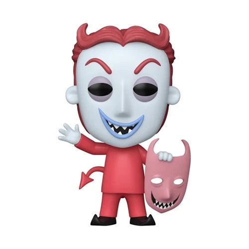 Funko Pop! vinyl figure of a devil character with red hair, a white mask, a red outfit, and holding a pink devil mask, on a plain white background.