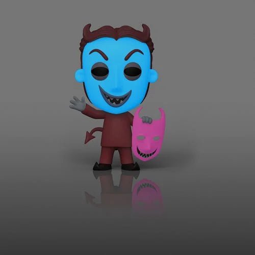 A stylized vinyl figure of a devil character with a bright blue face, brown hair and tail, wearing a dark red outfit, holding a pink devil mask. The figure is standing on a reflective gray surface against a solid gray background.
