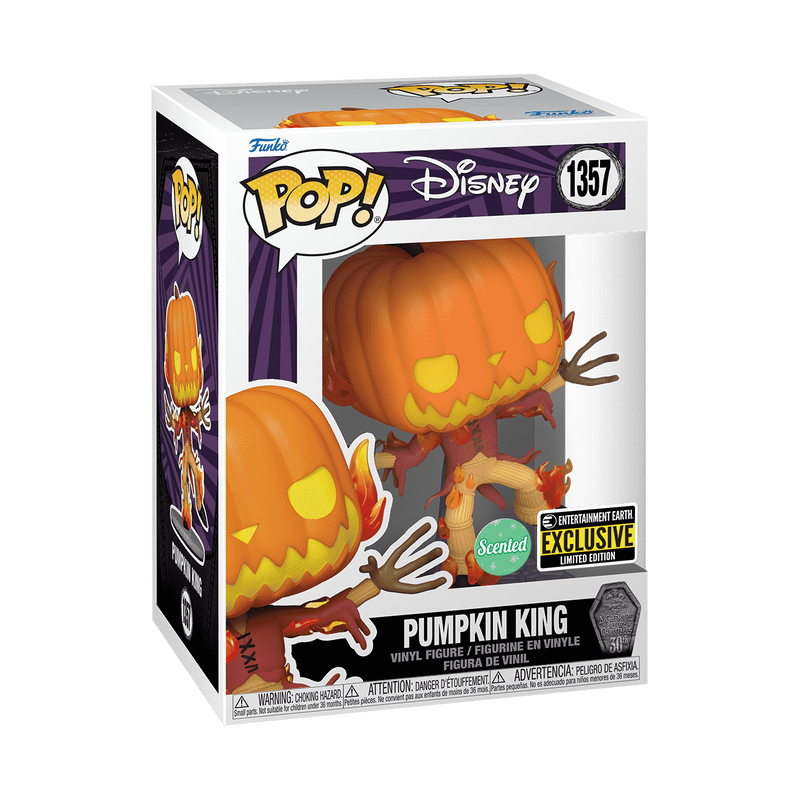Funko Pop! Disney Pumpkin King vinyl figure in its original window box packaging, featuring the character with an orange pumpkin head and brown skeletal body against a white background.