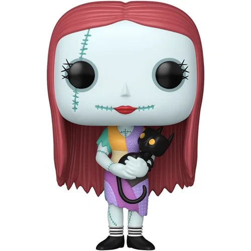 Funko Pop! vinyl figure of Sally from The Nightmare Before Christmas, featuring her signature red hair, stitched face, and holding a black cat, set against a plain white background.