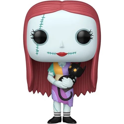 Funko Pop! vinyl figure of Sally from The Nightmare Before Christmas, featuring her signature red hair, stitched face, and holding a black cat, set against a plain white background.