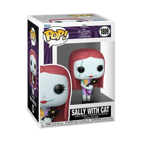 Funko Pop! vinyl figure of Sally with Cat from Disney's The Nightmare Before Christmas, shown in its original window box packaging. The figure has long red hair, a stitched pale face, and is holding a black cat, with purple and white clothing.