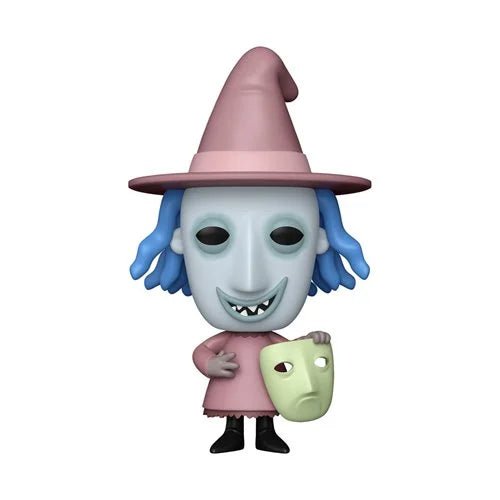 Funko Pop! vinyl figure of the character The Wicked Witch of the Hour from The Nightmare Before Christmas, featuring a pale blue mask, blue hair, a pink hat and dress, and holding a light green mask.