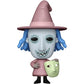 Funko Pop! vinyl figure of the character The Wicked Witch of the City, featuring a pale blue-gray mask, blue hair, a pink hat and dress, and holding a light green mask, on a white background.