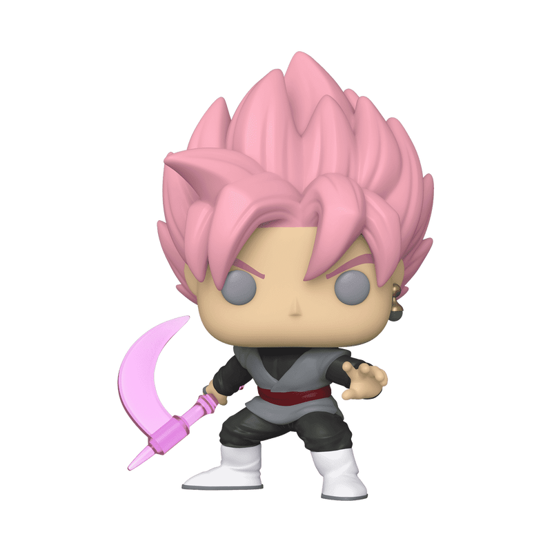 Funko Pop! vinyl figure of Super Saiyan Gohan from Dragon Ball Z, featuring spiky pink hair, a beige face, a black and gray outfit with a red sash, and holding a pink crescent blade, set against a plain white background.