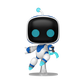 Toy robot figure with black face, blue accents, and white body on a white background