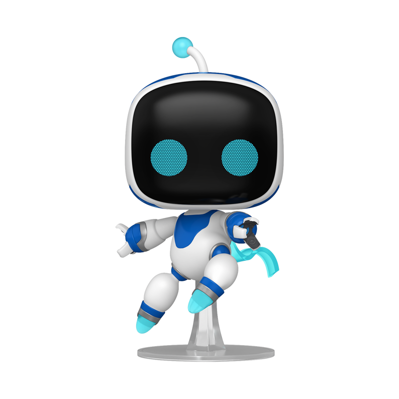 Toy robot figure with black face, blue accents, and white body on a white background